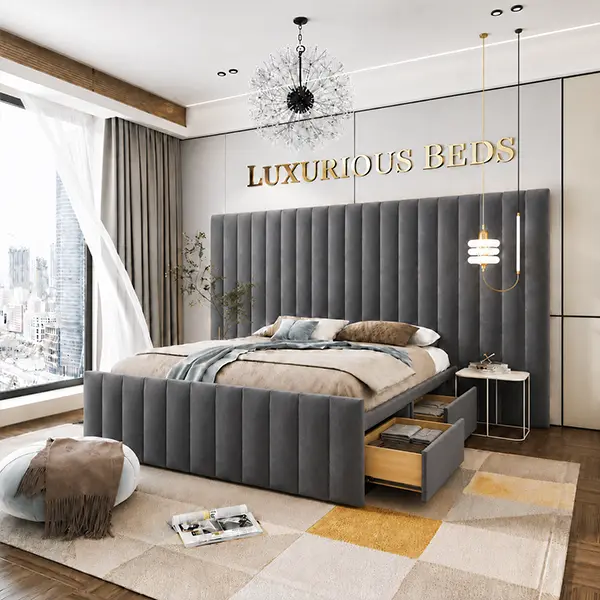 Luxury Divan Bed Base with 4 drawers in charcoal plush Velvet