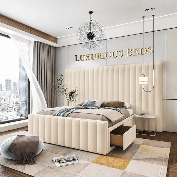 Luxury Divan Bed Base with 4 drawers in cream plush Velvet