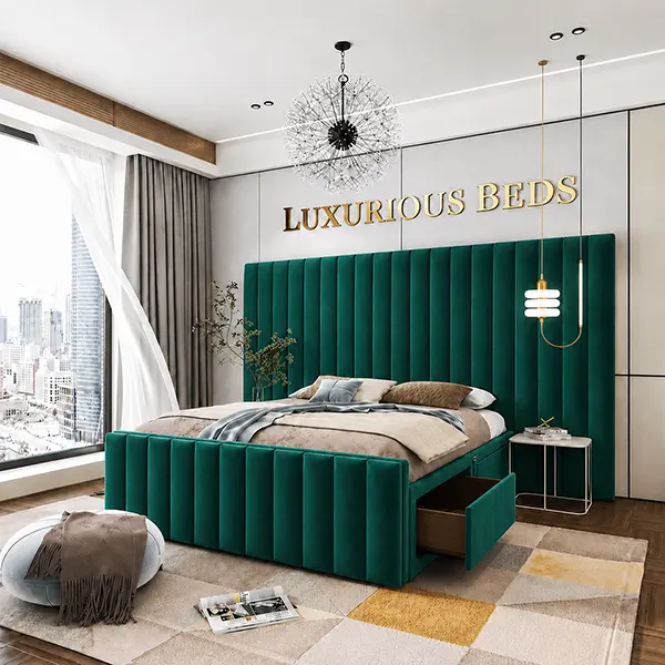 Luxury Divan Bed Base with 4 drawers in emerald green plush Velvet