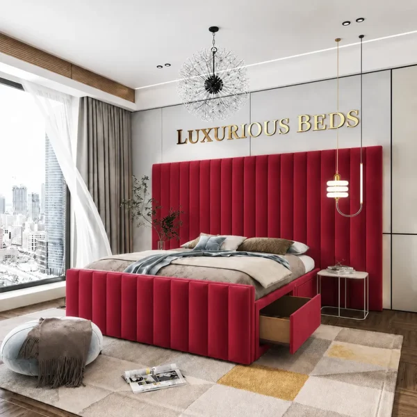 Luxury Divan Bed Base with 4 drawers in maroon plush Velvet uk