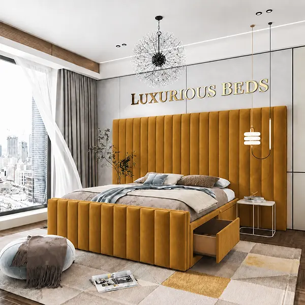 Luxury Divan Bed Base with 4 drawers in mustard gold plush Velvet