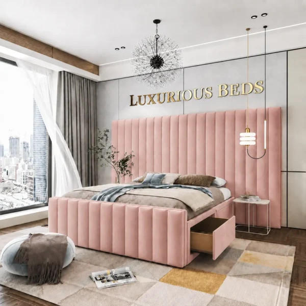 Luxury Divan Bed Base with 4 drawers in pink plush Velvet