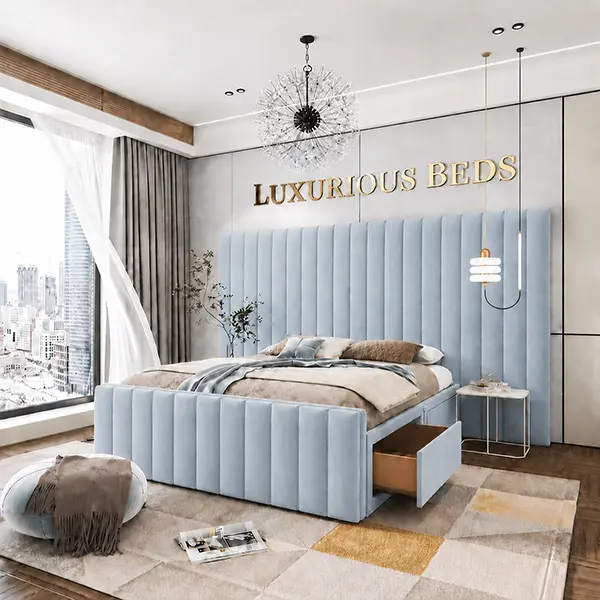 Luxury Divan Bed Base with 4 drawers in sky plush Velvet