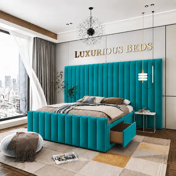 Luxury Divan Bed Base with 4 drawers in teal plush Velvet