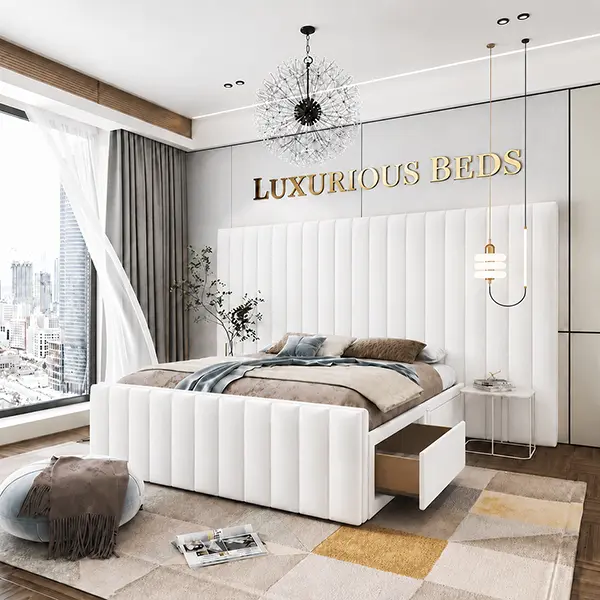 Luxury Divan Bed Base with 4 drawers in white plush Velvet