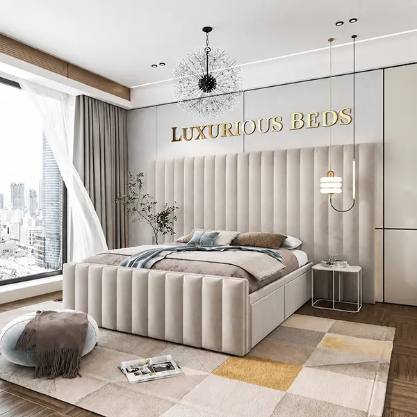 Luxury bed frame in silver plush velvet