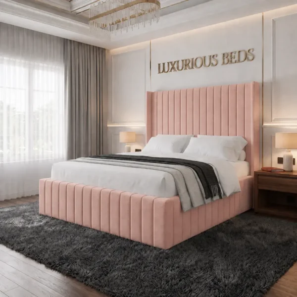 alexa king size Wing back bed frame in baby pink plush velvet