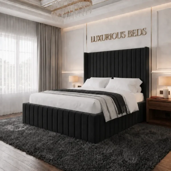 alexa king size Wing back bed frame in black plush velvet