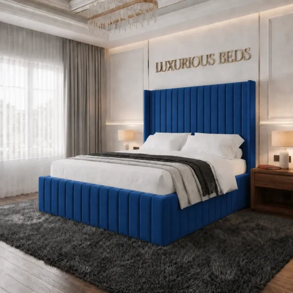 alexa king size Wing back bed frame in blue plush velvet