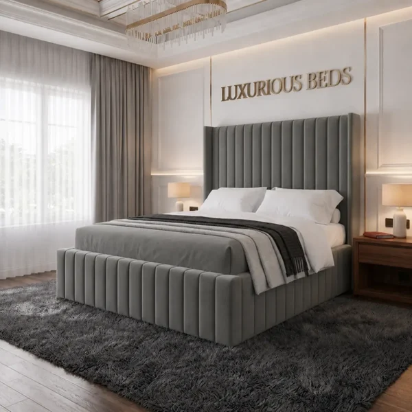 alexa king size Wing back bed frame in charcoal plush velvet