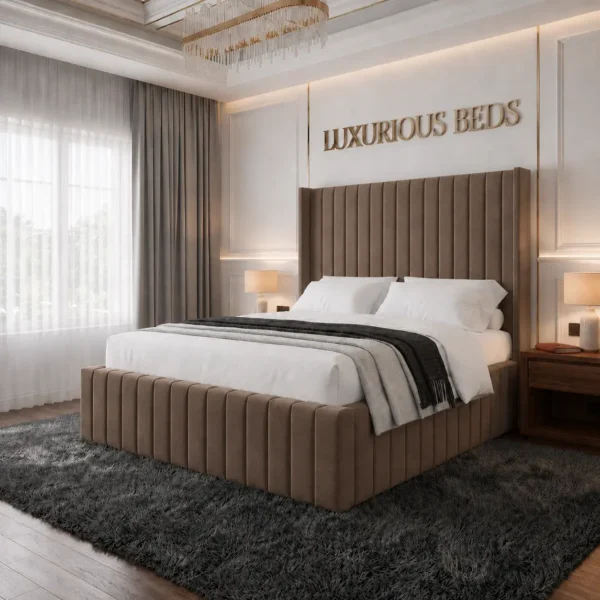 alexa king size Wing back bed frame in chocolate plush velvet