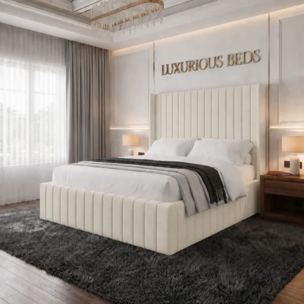 alexa king size Wing back bed frame in cream plush velvet