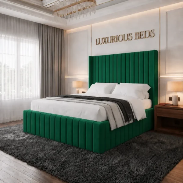 alexa king size Wing back bed frame in green plush velvet