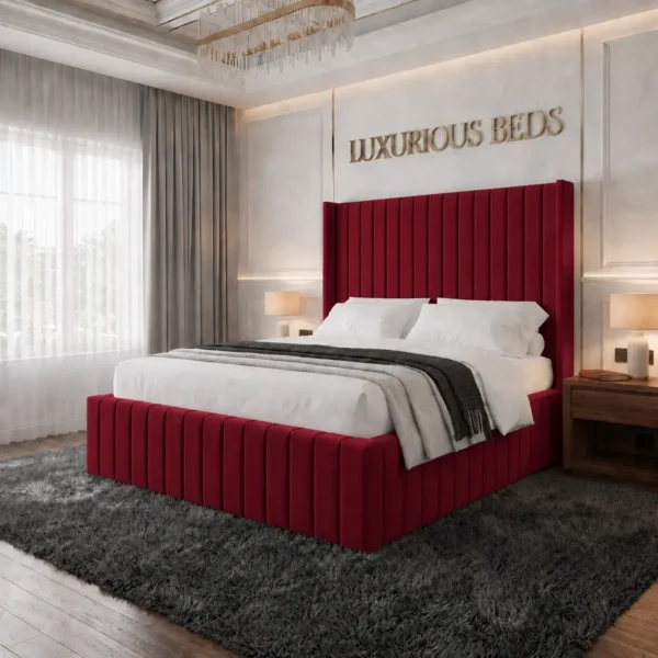 alexa king size Wing back bed frame in maroon plush velvet