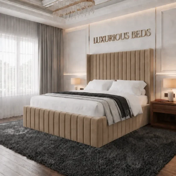 alexa king size Wing back bed frame in mink plush velvet