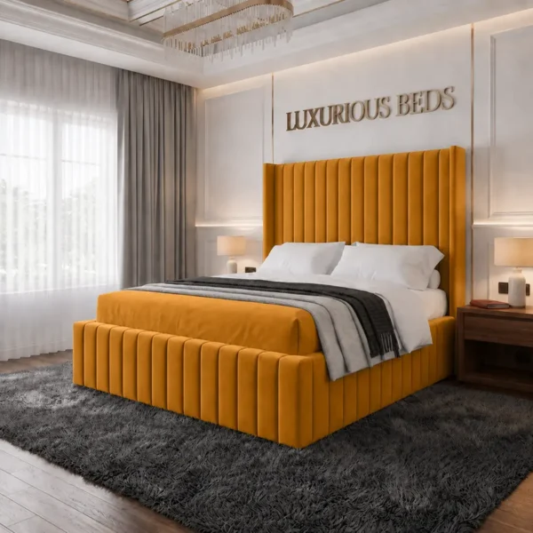 alexa king size Wing back bed frame in mustard gold plush velvet
