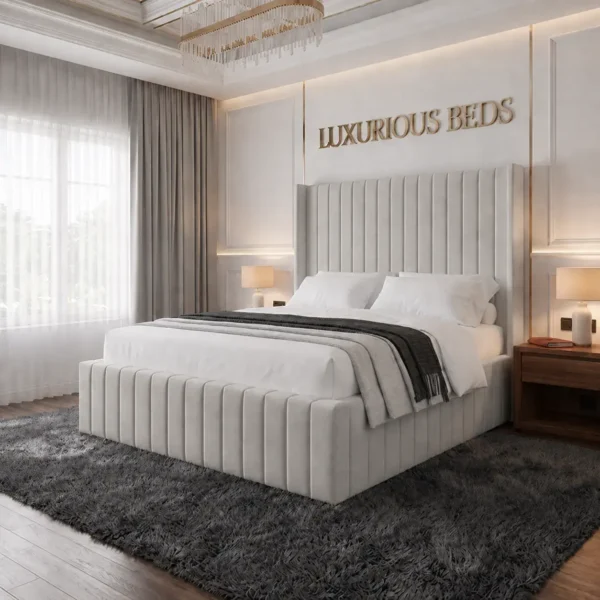 alexa king size Wing back bed frame in silver plush velvet