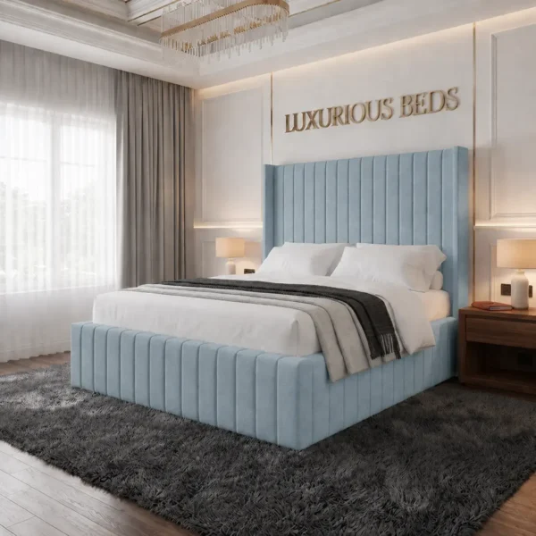 alexa king size Wing back bed frame in sky plush velvet