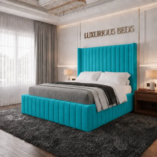alexa king size Wing back bed frame in teal plush velvet