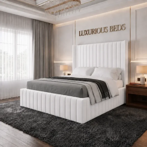 alexa king size Wing back bed frame in white plush velvet
