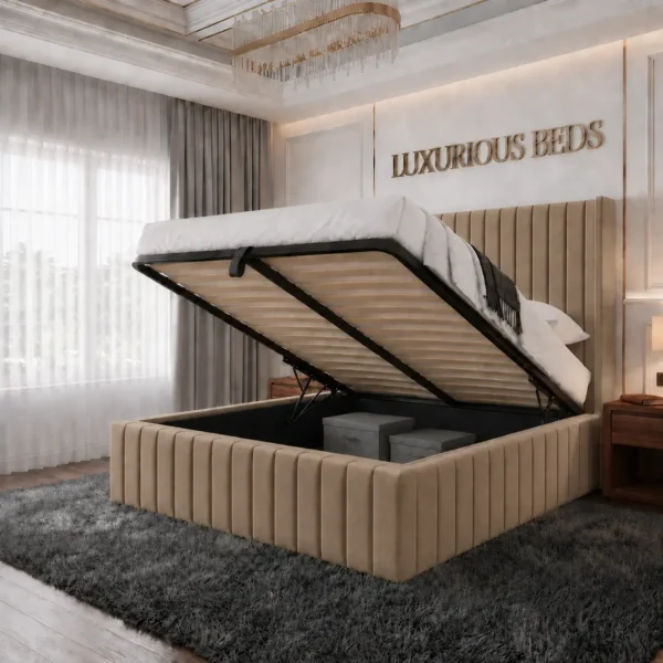 alexa king size ottoman storage bed in mink plush velvet