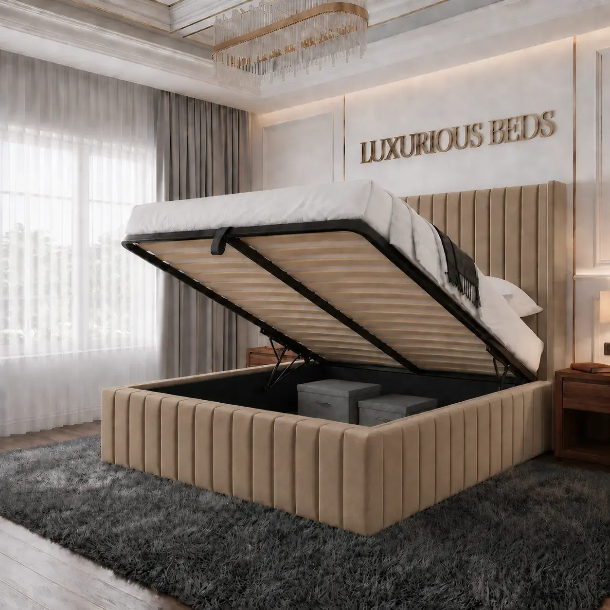 alexa king size ottoman storage bed in mink plush velvet