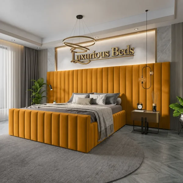 luxury citta bed frame in mustard gold plush velvet