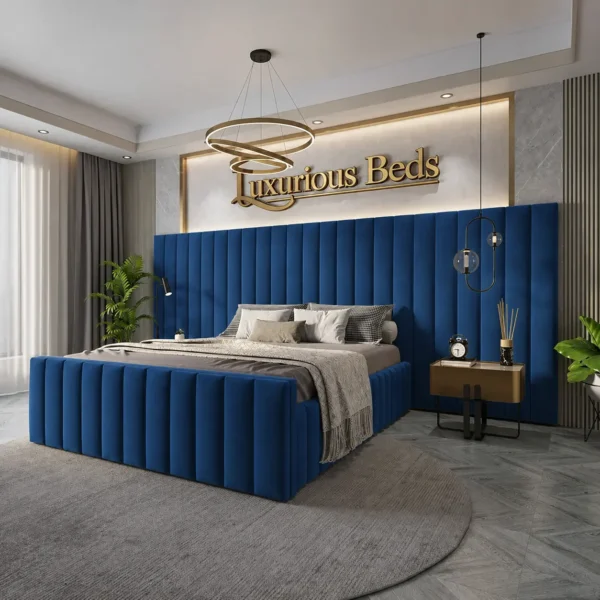 luxury citta bed frame in navy blue plush velvet