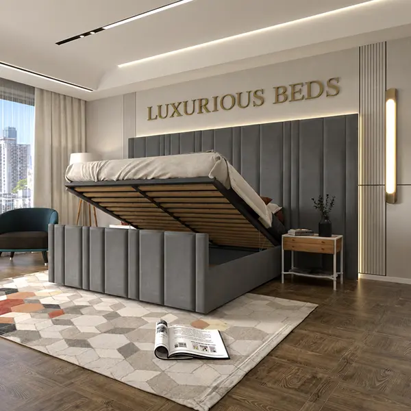 luxury designer bed frame with ottoman gas lift storage in size super king charcoal velvet