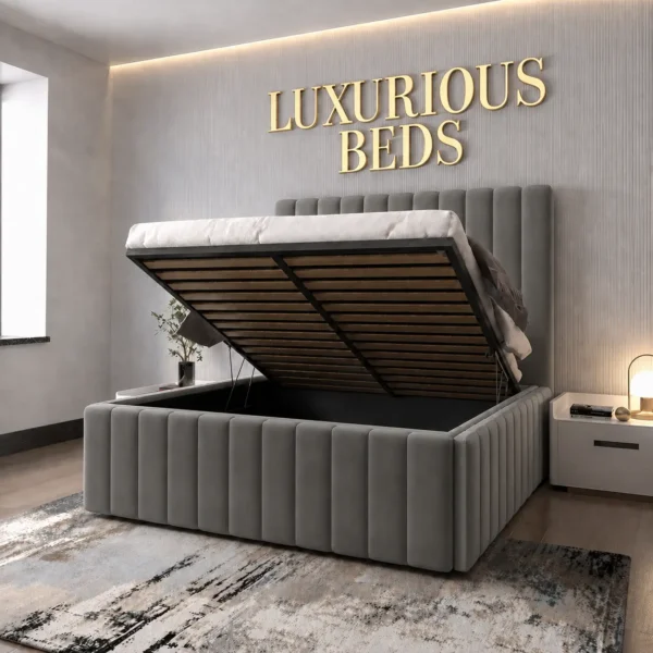 ottoman gas lift storage bed frame in charcoal plush velvet