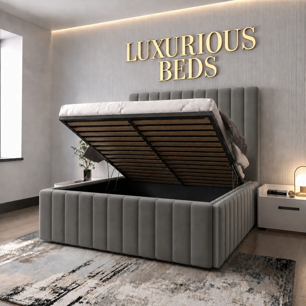 ottoman gas lift storage bed frame in charcoal plush velvet