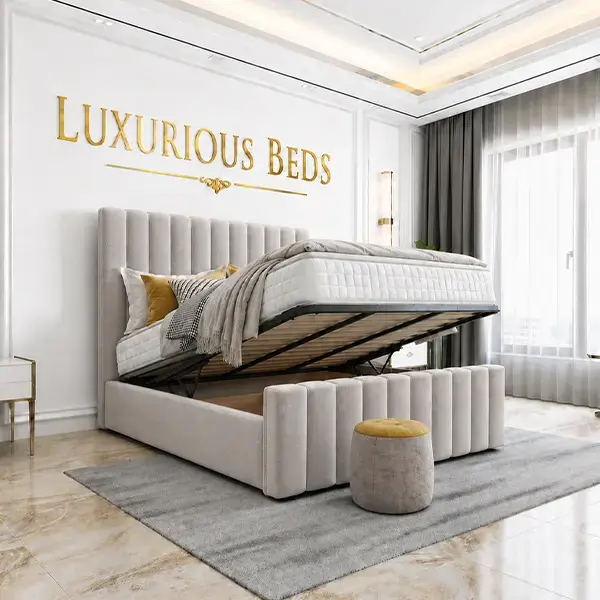 silver plush velvet bed with ottoman gas lift storage
