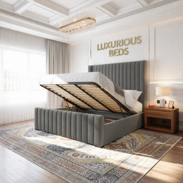 Luxury Designer Bed Frames & Mattresses | Luxurious Beds wing back charcoal velvet ottoman bed with storage gas lift