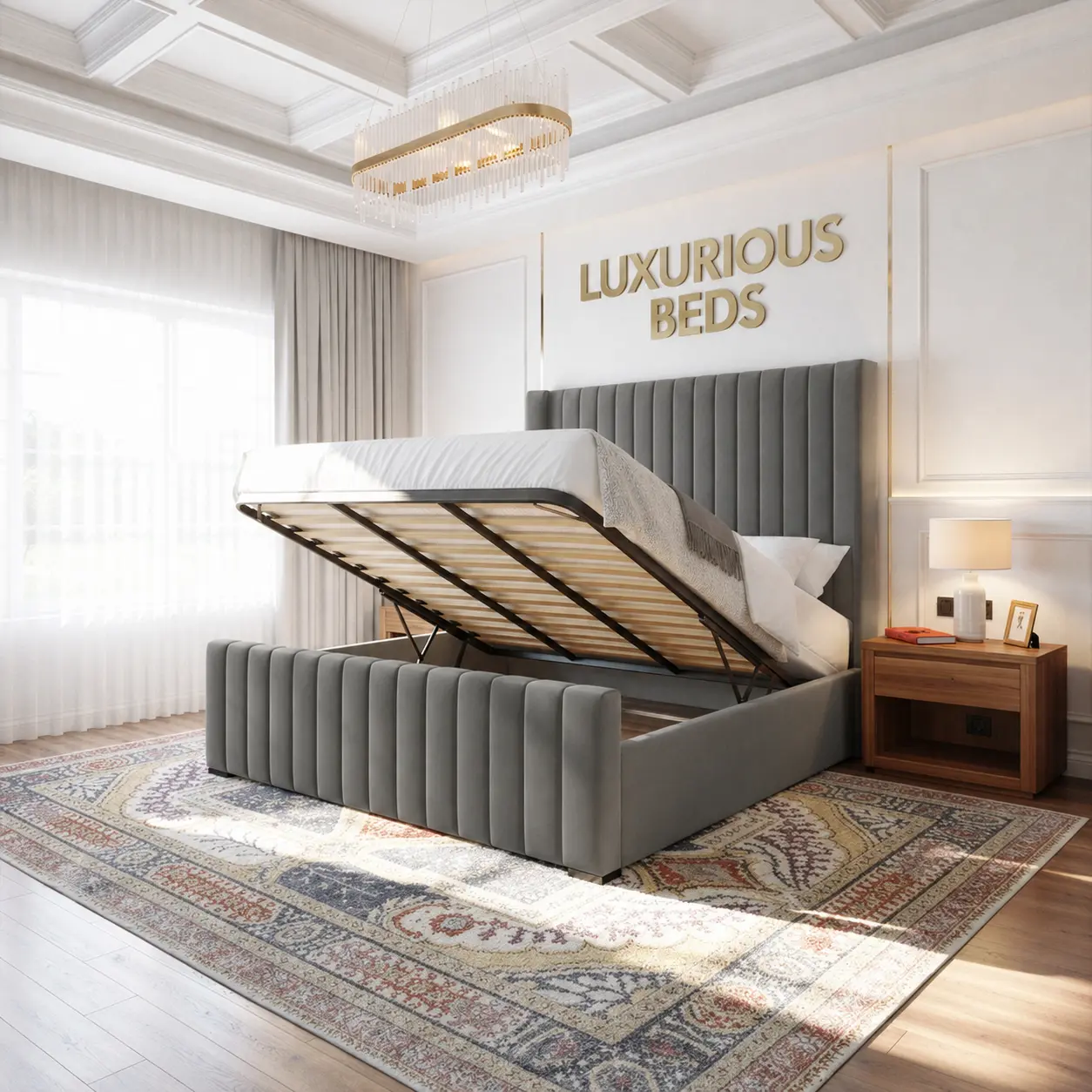 wing back charcoal velvet ottoman bed with storage gas lift