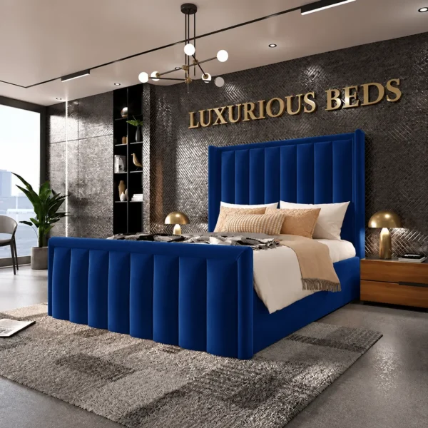 Alicia Wingback Bed Frame in Blue Plush Velvet