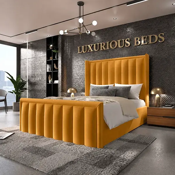 Alicia Wingback Bed Frame in Mustard Gold Plush Velvet