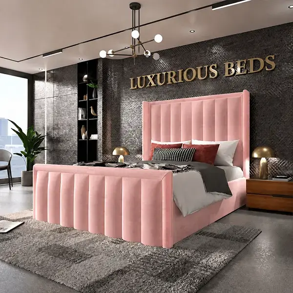 Alicia Wingback Bed Frame in Pink Plush Velvet