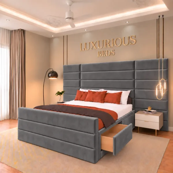 Luxury Aqua Divan Bed Base With 4 Storage Drawers and Extended Headboard in Charcoal Plush Velvet