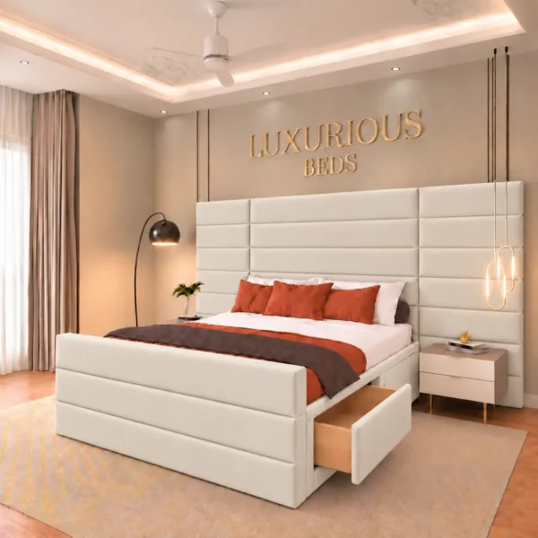 Luxury Aqua Divan Bed Base With 4 Storage Drawers and Extended Headboard in Cream Plush Velvet