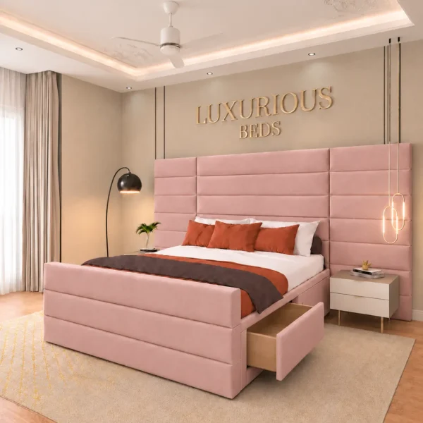 Luxury Aqua Divan Bed Base With 4 Storage Drawers and Extended Headboard in Pink Plush Velvet