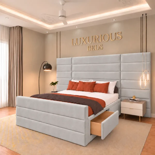 Luxury Aqua Divan Bed Base With 4 Storage Drawers and Extended Headboard in Silver Plush Velvet