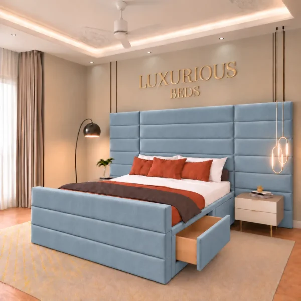 Luxury Aqua Divan Bed Base With 4 Storage Drawers and Extended Headboard in Sky Plush Velvet