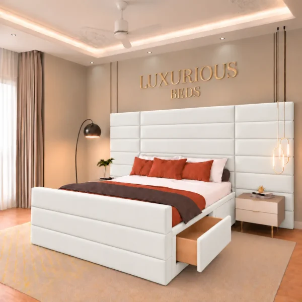 Luxury Aqua Divan Bed Base With 4 Storage Drawers and Extended Headboard in White Plush Velvet