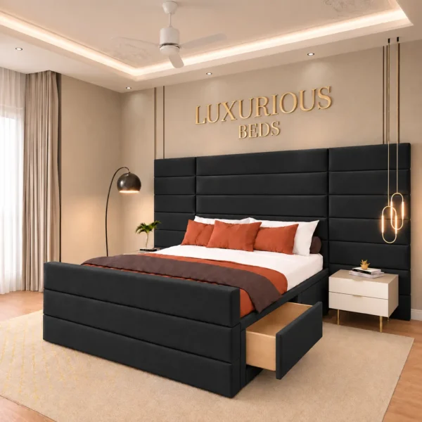Luxury Aqua Divan Bed Base With 4 Storage Drawers and Extended Headboard in black Plush Velvet