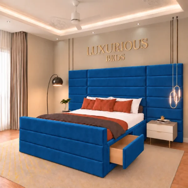 Luxury Aqua Divan Bed Base With 4 Storage Drawers and Extended Headboard in blue Plush Velvet