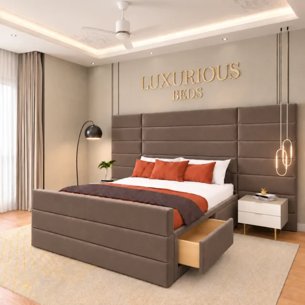 Luxury Aqua Divan Bed Base With 4 Storage Drawers and Extended Headboard in chocolate Plush Velvet