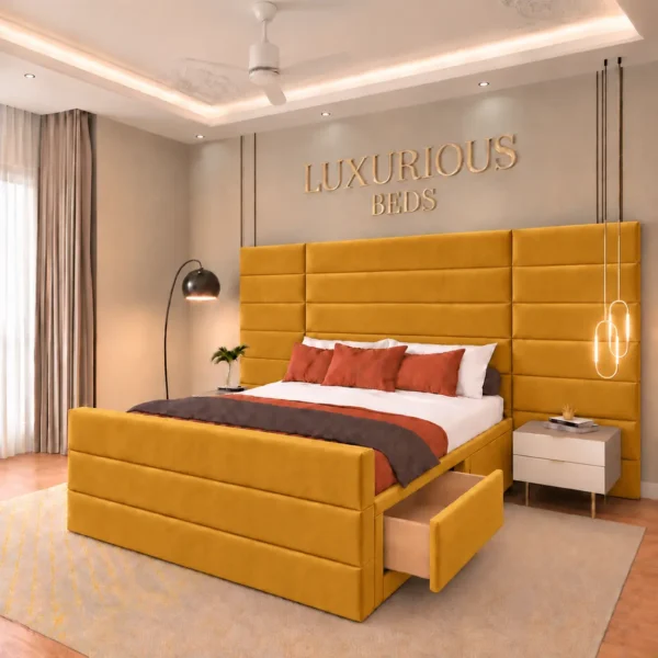 Luxury Aqua Divan Bed Base With 4 Storage Drawers and Extended Headboard in gold Plush Velvet