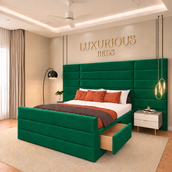 Luxury Aqua Divan Bed Base With 4 Storage Drawers and Extended Headboard in green Plush Velvet