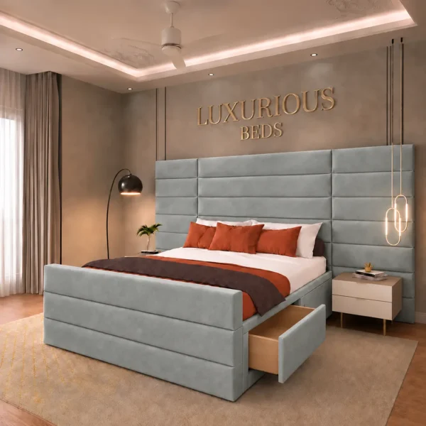 Luxury Aqua Divan Bed Base With 4 Storage Drawers and Extended Headboard in grey Plush Velvet