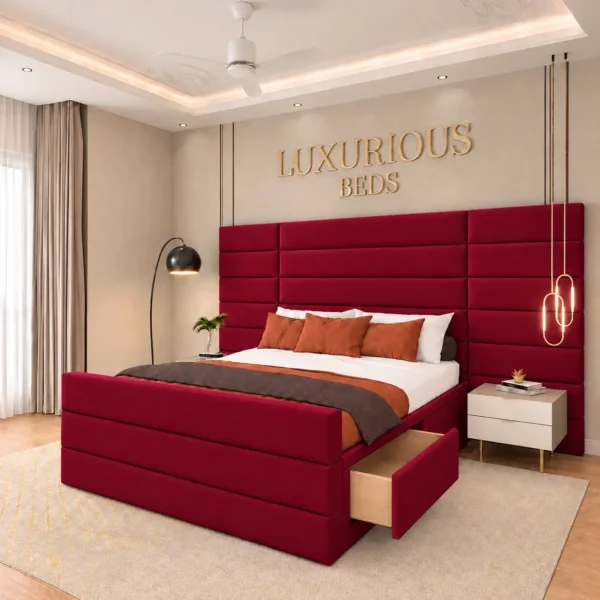 Luxury Aqua Divan Bed Base With 4 Storage Drawers and Extended Headboard in maroon Plush Velvet